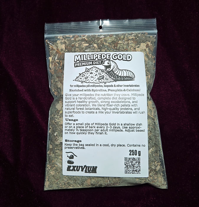 Millipede Gold is a super premium diet, a super premium mix for millipedes, pill millipedes, snails, isopods and other invertebrates