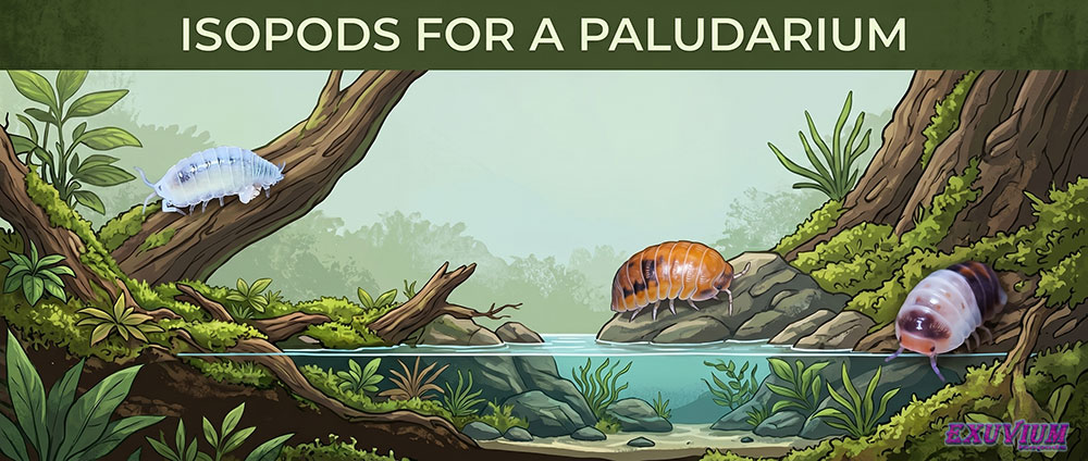 banner image: isopods suitable for a paludarium. Isopod on the left: Trichorhina tomentosa. Isopod in the middle: Cubaris murina Anemone. Isopod on the right: Cubaris sp. White Shark.
