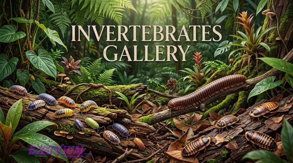 Invertebrates photo gallery banner featuring isopods, a millipede and roaches on the forest floor
